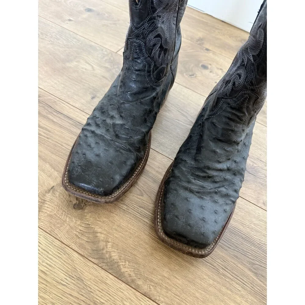 TONY LAMA 11 D Moore Western Boots Ostrich Black Sqaure Toe Cowboy Full Quill